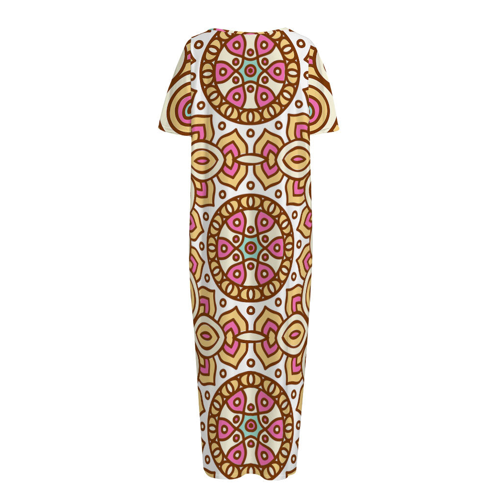 Pastel Ethnic Mandala Print Short Sleeve Long Nightdress