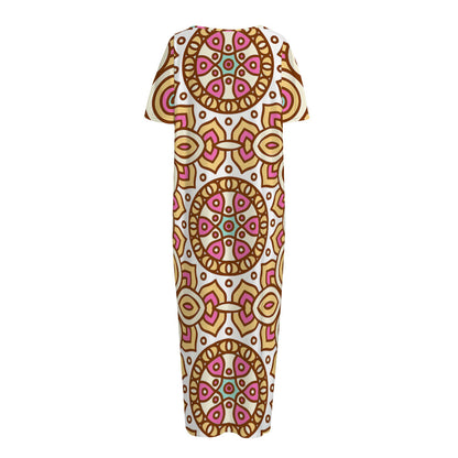 Pastel Ethnic Mandala Print Short Sleeve Long Nightdress