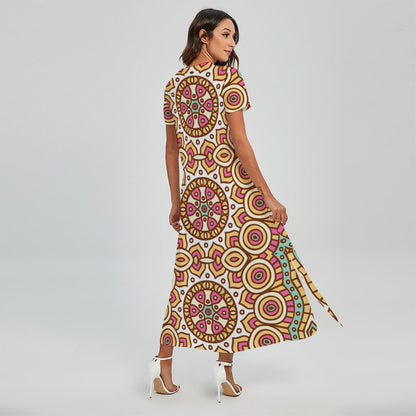 Pastel Ethnic Mandala Print Short Sleeve Maxi Dress