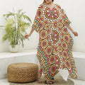 Pastel Ethnic Mandala Print Silk V-Neck Kaftan Dress