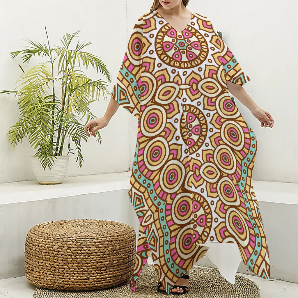 Pastel Ethnic Mandala Print Silk V-Neck Kaftan Dress