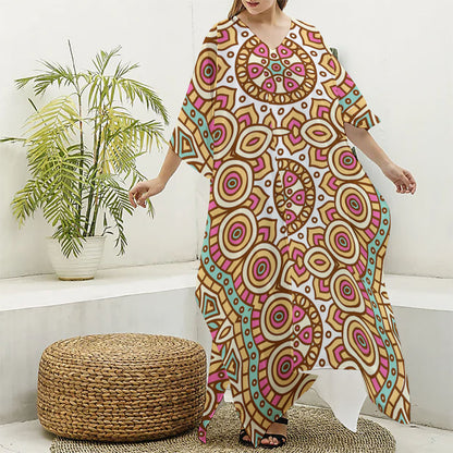 Pastel Ethnic Mandala Print Silk V-Neck Kaftan Dress