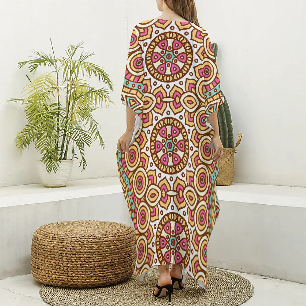 Pastel Ethnic Mandala Print Silk V-Neck Kaftan Dress