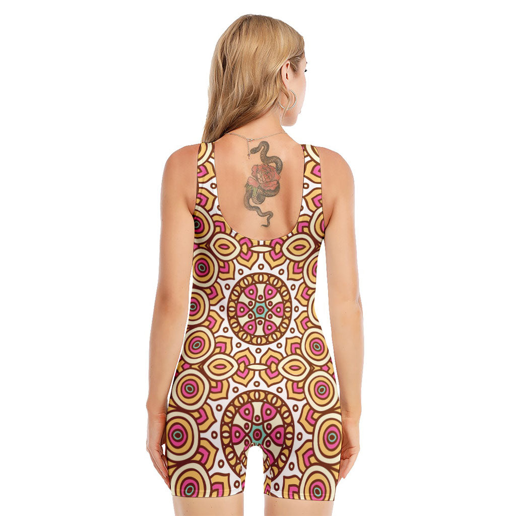 Pastel Ethnic Mandala Print Sleeveless One Piece Swimsuit