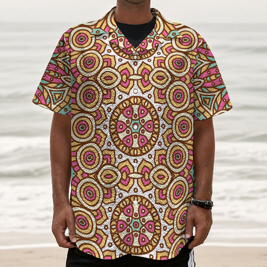 Pastel Ethnic Mandala Print Textured Short Sleeve Shirt