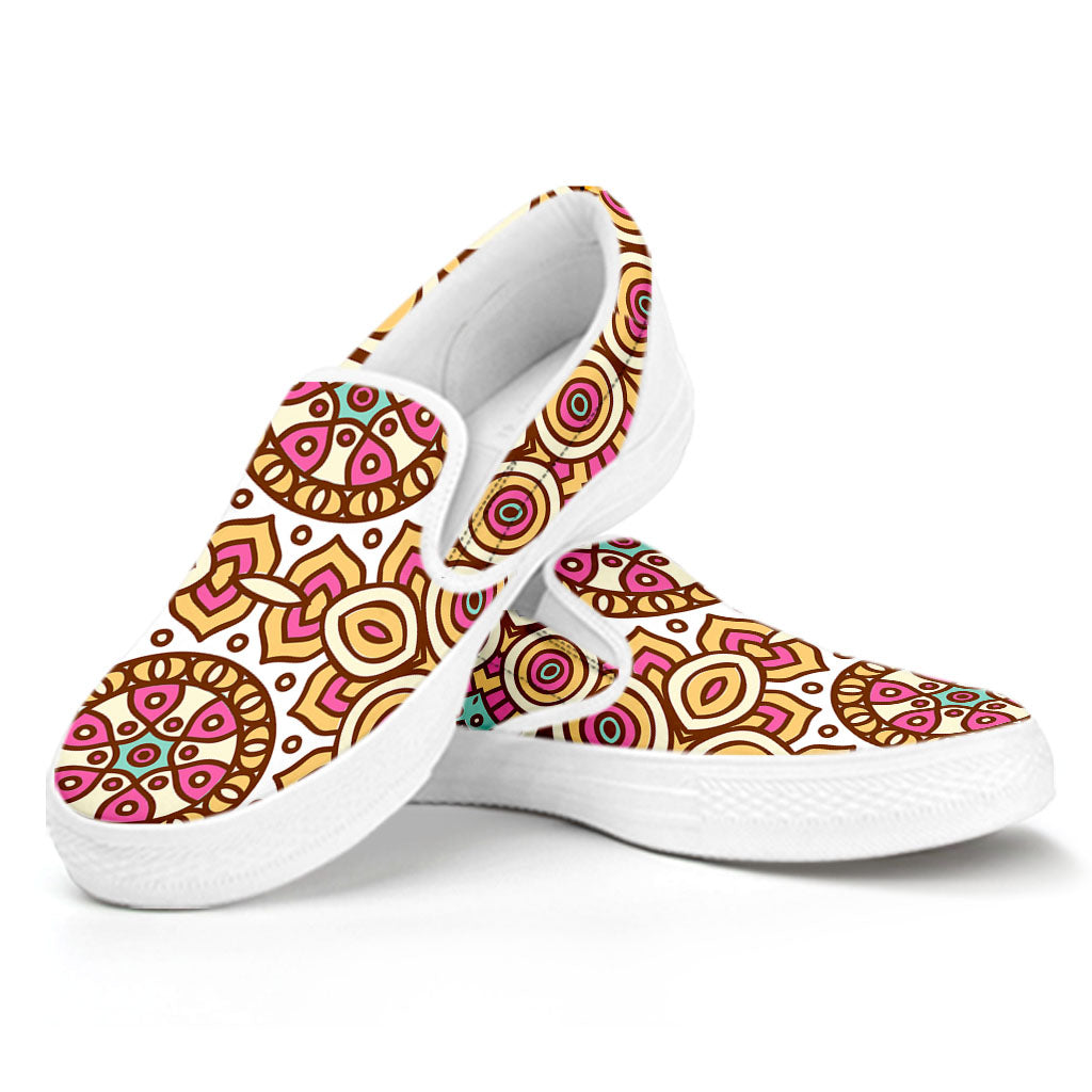 Pastel Ethnic Mandala Print White Slip On Sneakers