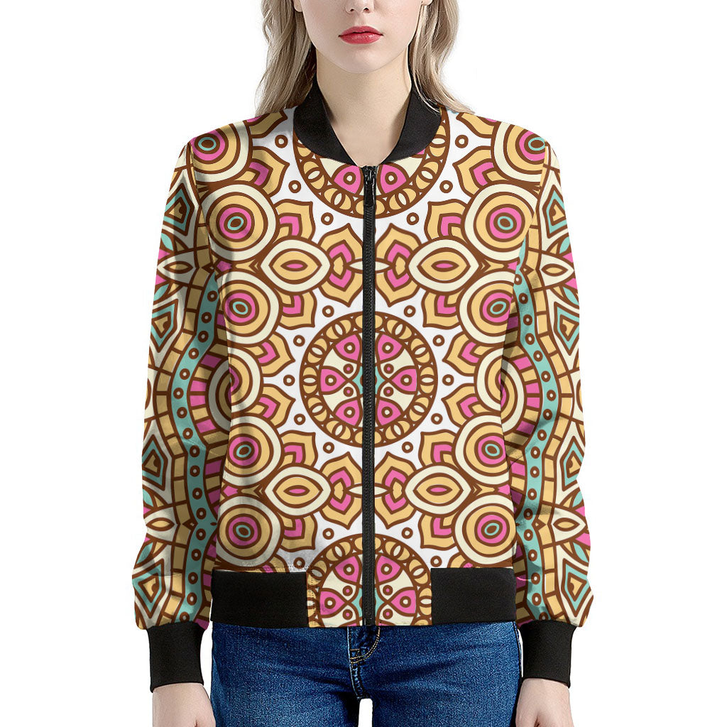 Pastel Ethnic Mandala Print Women's Bomber Jacket