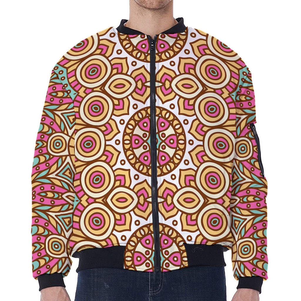 Pastel Ethnic Mandala Print Zip Sleeve Bomber Jacket