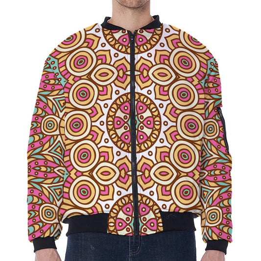 Pastel Ethnic Mandala Print Zip Sleeve Bomber Jacket