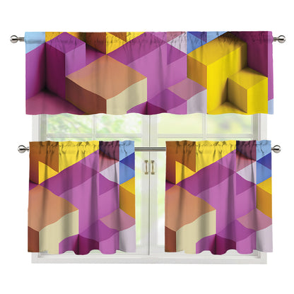 Pastel Geometric Cubic Print 3 Piece Kitchen Curtains