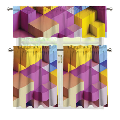 Pastel Geometric Cubic Print 3 Piece Kitchen Curtains