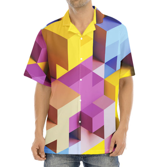 Pastel Geometric Cubic Print Aloha Shirt