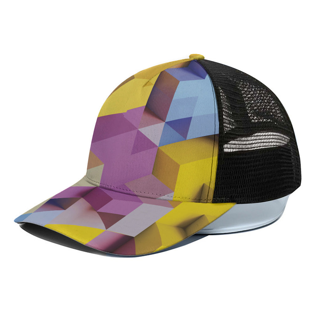 Pastel Geometric Cubic Print Black Mesh Trucker Cap