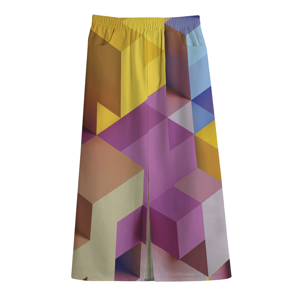 Pastel Geometric Cubic Print Cotton Front Slit Maxi Skirt