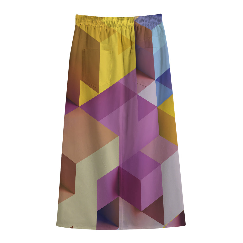 Pastel Geometric Cubic Print Cotton Front Slit Maxi Skirt