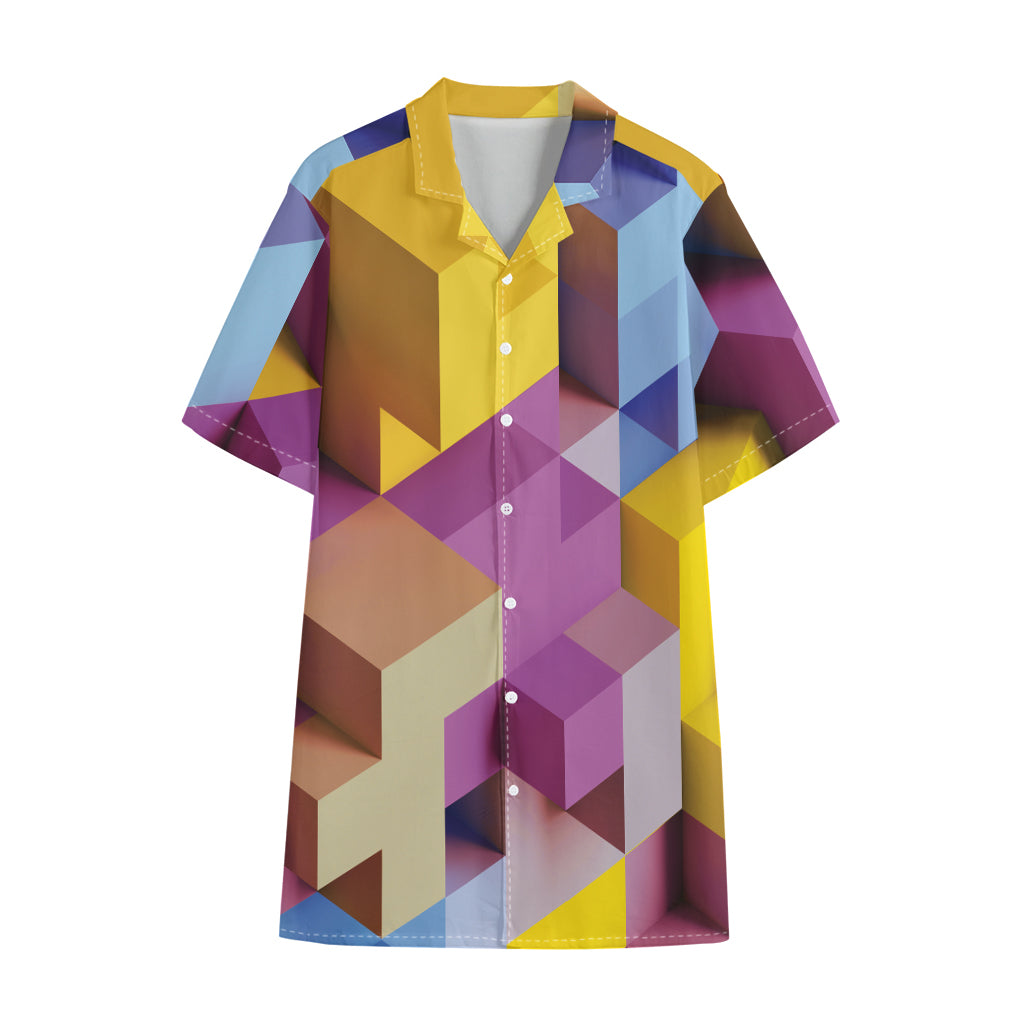 Pastel Geometric Cubic Print Cotton Hawaiian Shirt