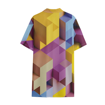 Pastel Geometric Cubic Print Cotton Hawaiian Shirt