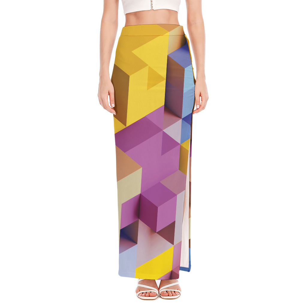 Pastel Geometric Cubic Print High Slit Maxi Skirt