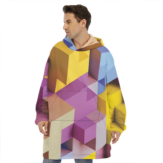 Pastel Geometric Cubic Print Hoodie Blanket