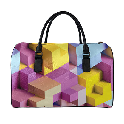 Pastel Geometric Cubic Print Leather Duffle Bag