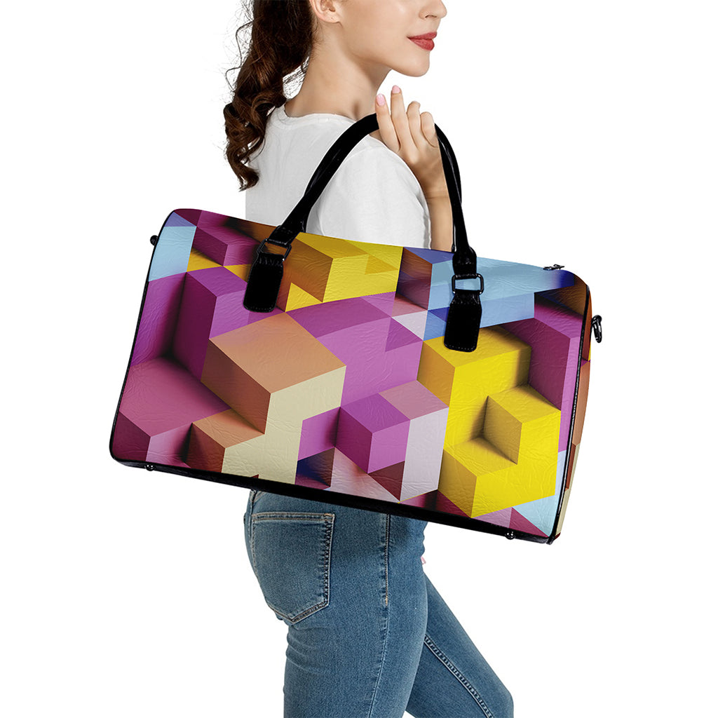Pastel Geometric Cubic Print Leather Duffle Bag