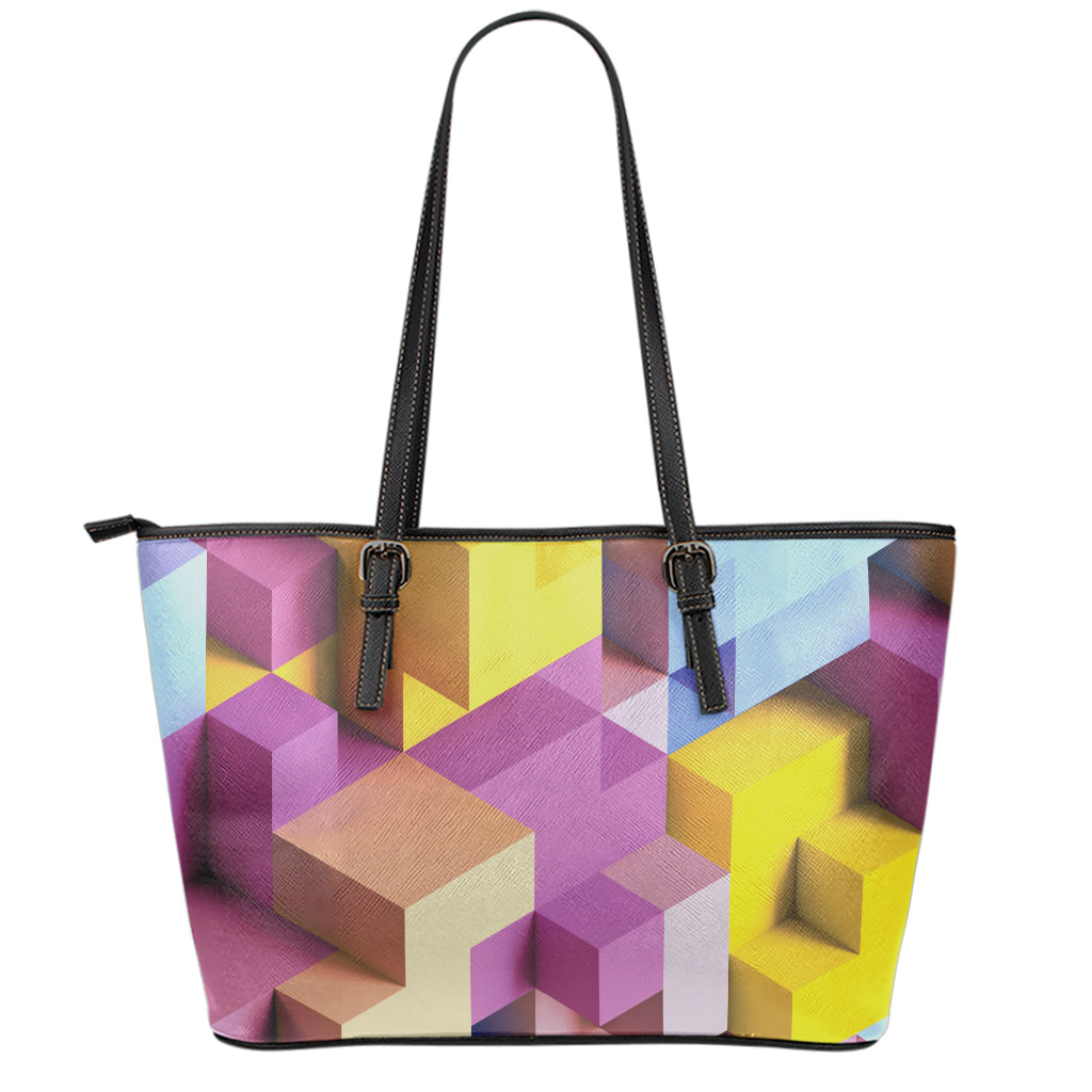 Pastel Geometric Cubic Print Leather Tote Bag