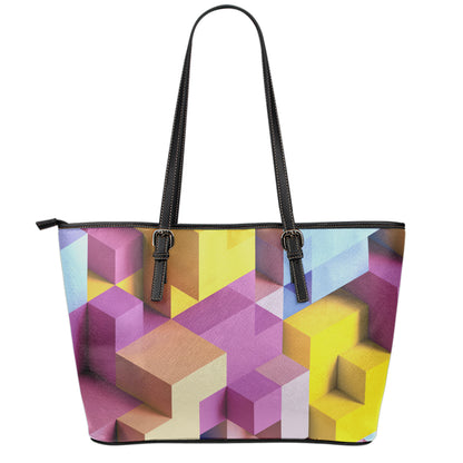 Pastel Geometric Cubic Print Leather Tote Bag
