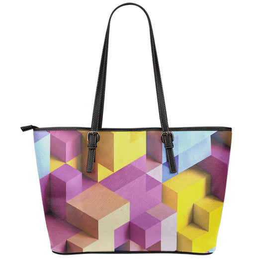 Pastel Geometric Cubic Print Leather Tote Bag
