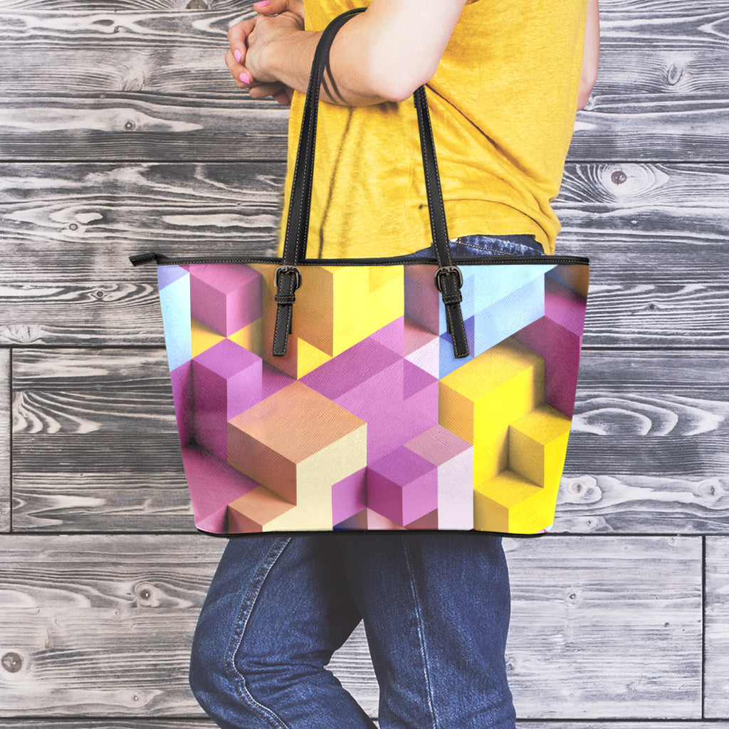 Pastel Geometric Cubic Print Leather Tote Bag