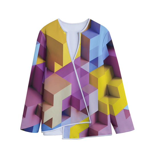 Pastel Geometric Cubic Print Long Sleeve Short Coat