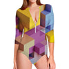 Pastel Geometric Cubic Print Long Sleeve Swimsuit