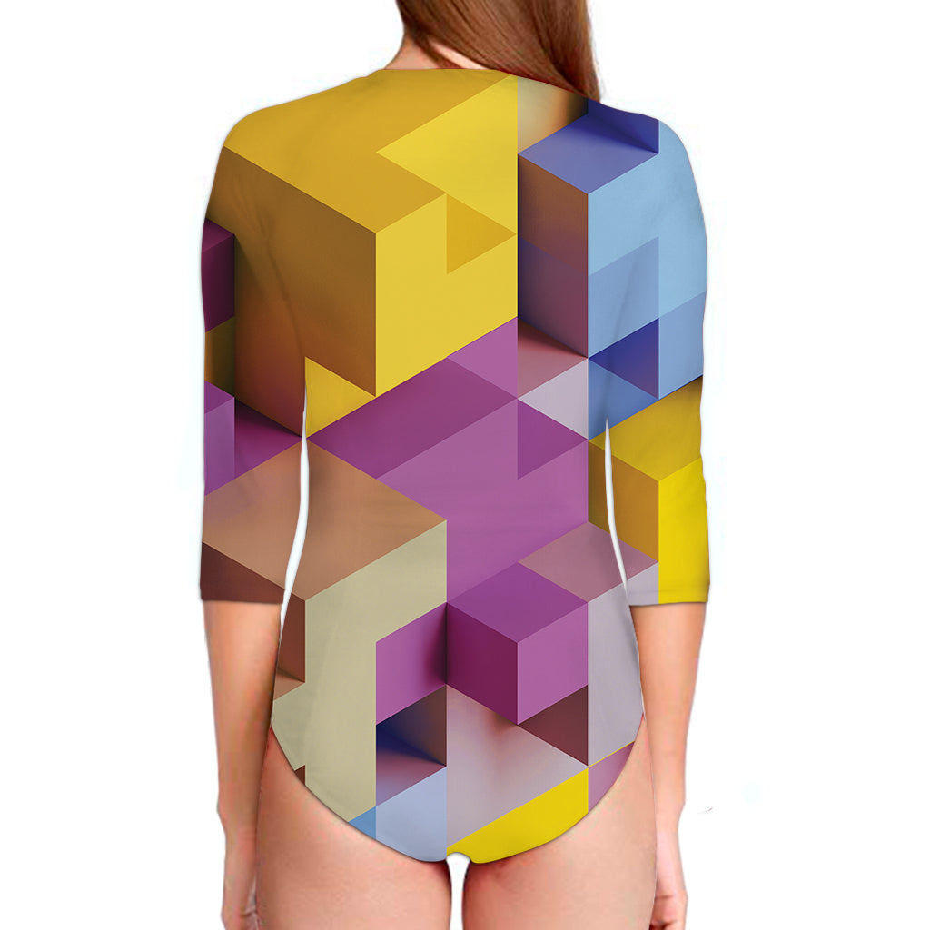 Pastel Geometric Cubic Print Long Sleeve Swimsuit