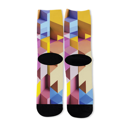 Pastel Geometric Cubic Print Long Socks
