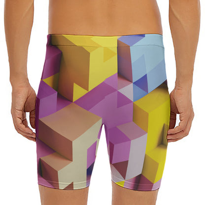 Pastel Geometric Cubic Print Men's Long Boxer Briefs