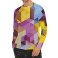 Pastel Geometric Cubic Print Men's Long Sleeve Rash Guard