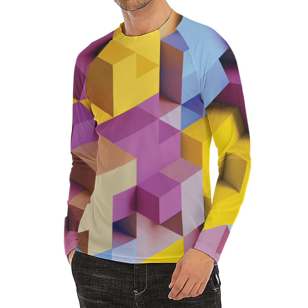 Pastel Geometric Cubic Print Men's Long Sleeve Rash Guard