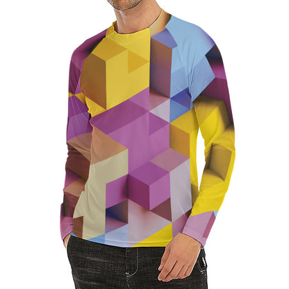 Pastel Geometric Cubic Print Men's Long Sleeve Rash Guard