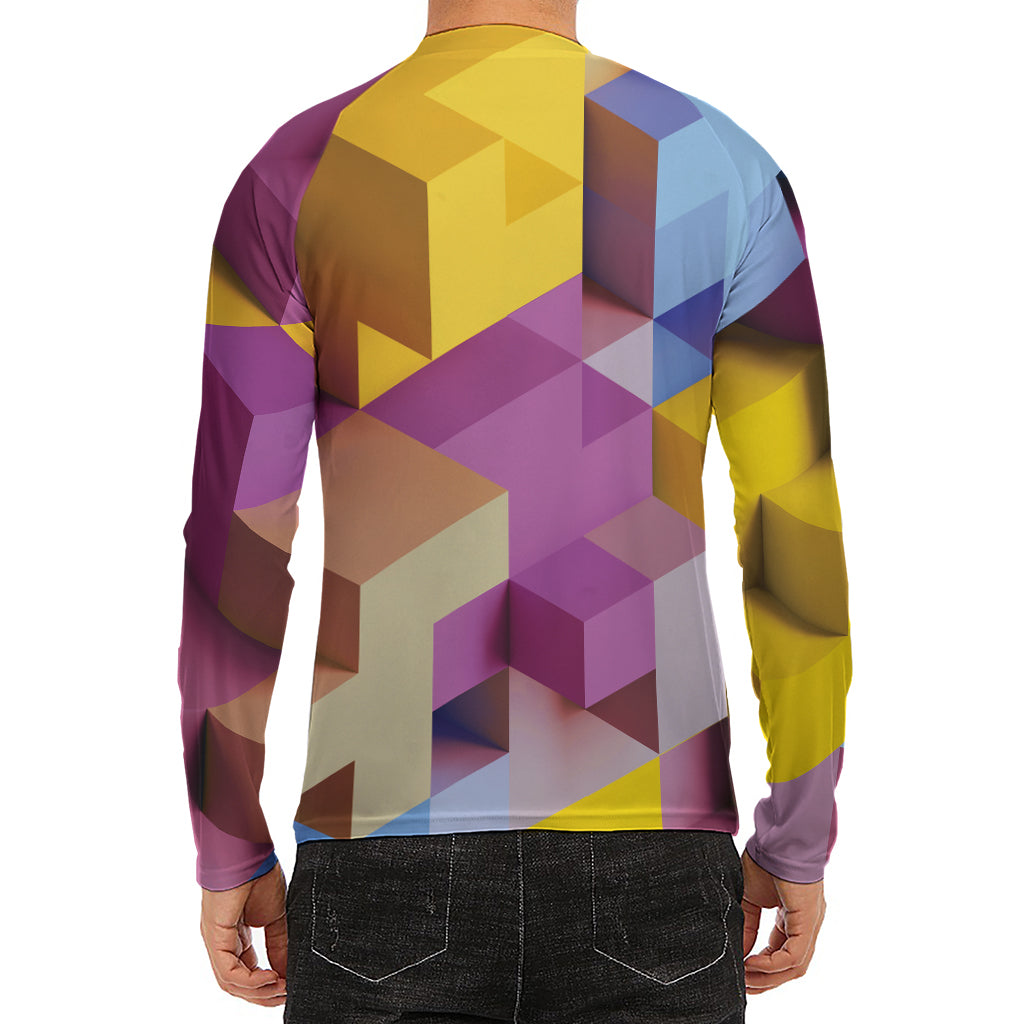 Pastel Geometric Cubic Print Men's Long Sleeve Rash Guard