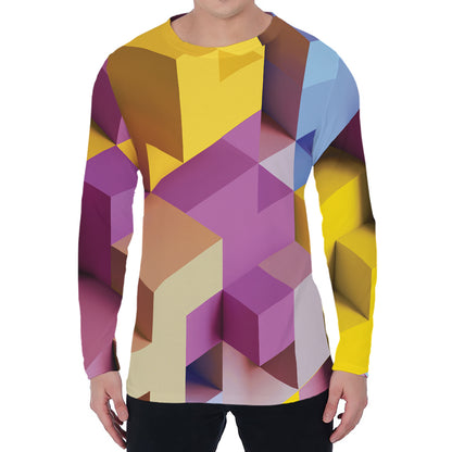 Pastel Geometric Cubic Print Men's Long Sleeve T-Shirt
