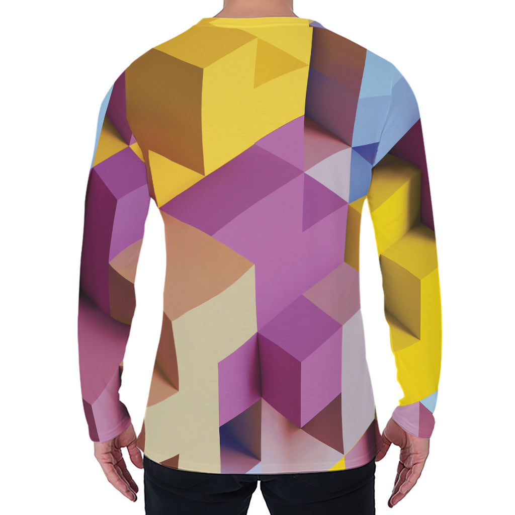 Pastel Geometric Cubic Print Men's Long Sleeve T-Shirt
