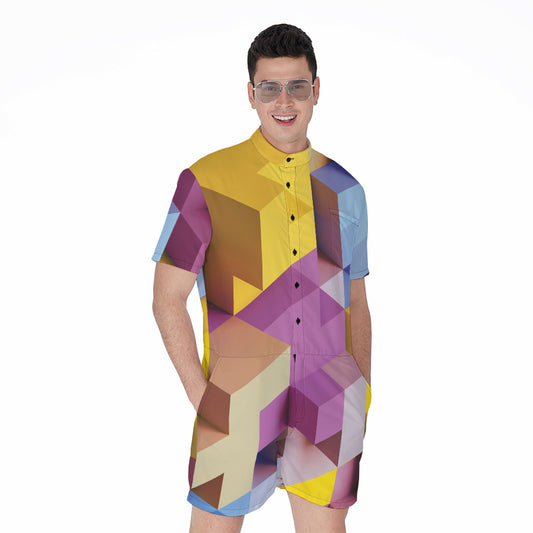 Pastel Geometric Cubic Print Men's Rompers