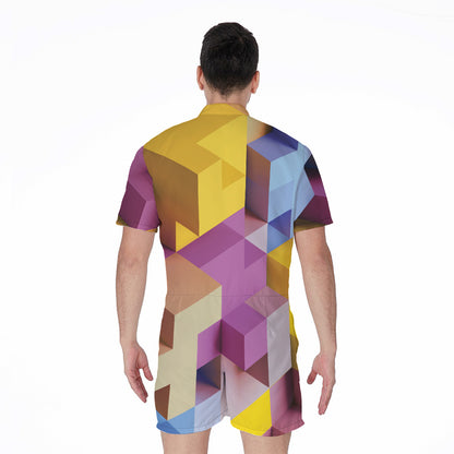 Pastel Geometric Cubic Print Men's Rompers
