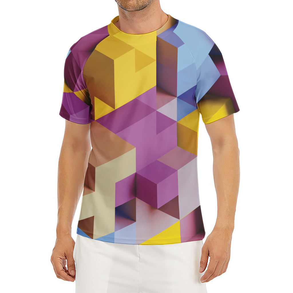 Pastel Geometric Cubic Print Men's Short Sleeve Rash Guard