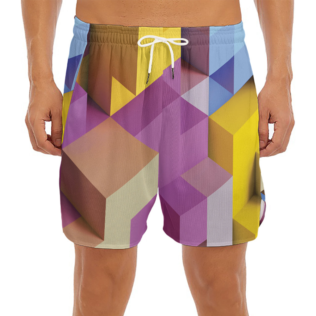 Pastel Geometric Cubic Print Men's Split Running Shorts