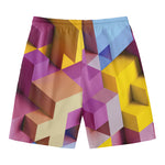 Pastel Geometric Cubic Print Men's Swim Trunks