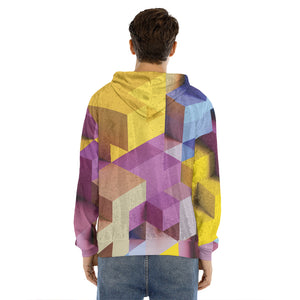 Pastel Geometric Cubic Print Men's Velvet Pullover Hoodie