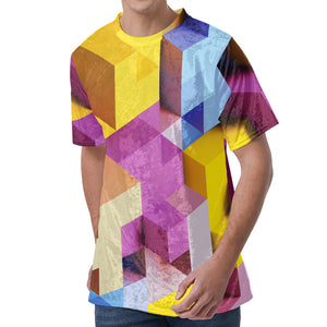 Pastel Geometric Cubic Print Men's Velvet T-Shirt