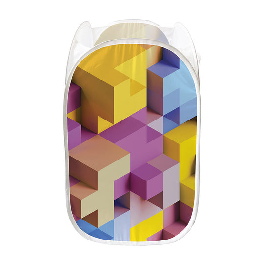 Pastel Geometric Cubic Print Mesh Laundry Hamper