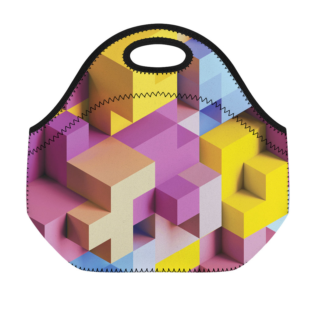 Pastel Geometric Cubic Print Neoprene Lunch Bag