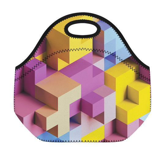 Pastel Geometric Cubic Print Neoprene Lunch Bag